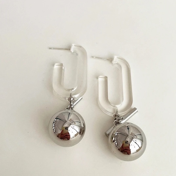 Korean Vintage Geometric Acrylic Metal Ball Silver Drop Earrings - Picture 3 of 5